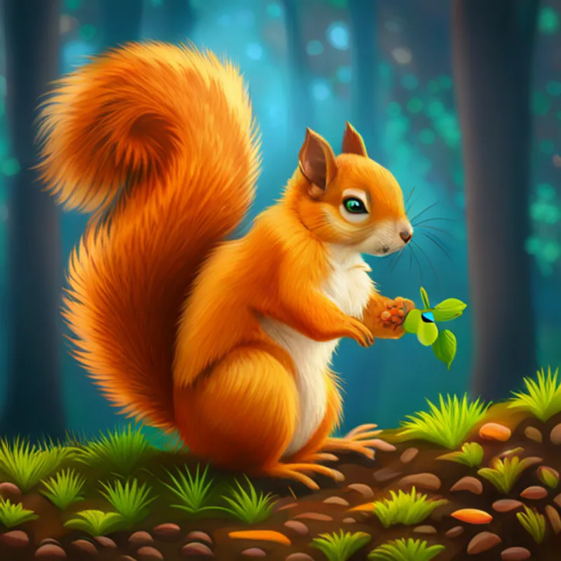 Orange fur, green eyes, playful and friendly meeting friendly squirrel named Fluffy tail, quick and helpful squirrel friend