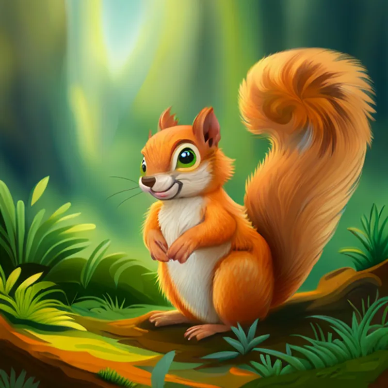 Orange fur, green eyes, playful and friendly and Fluffy tail, quick and helpful squirrel friend on adventures as best friends