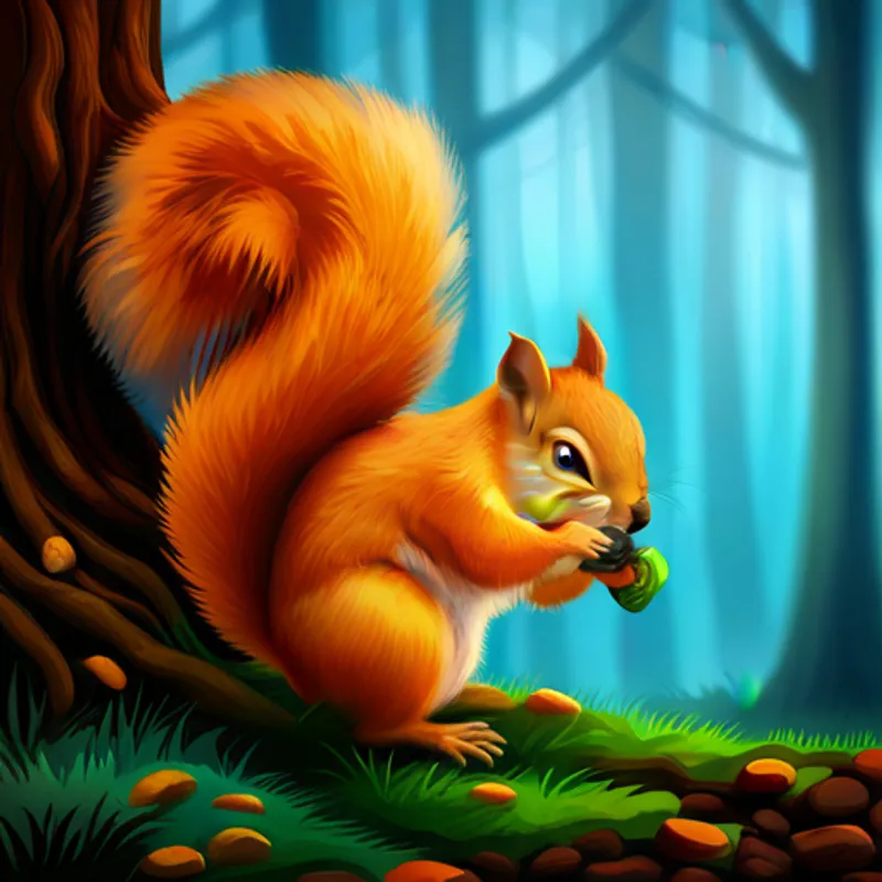 Orange fur, green eyes, playful and friendly and Fluffy tail, quick and helpful squirrel friend exploring woods, climbing trees