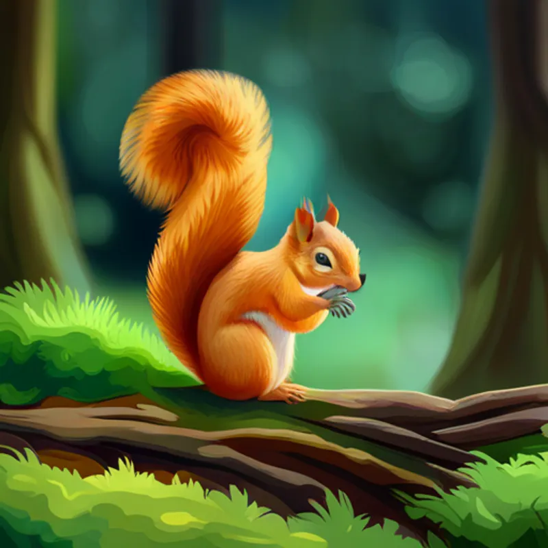 Orange fur, green eyes, playful and friendly and Fluffy tail, quick and helpful squirrel friend looking out for each other