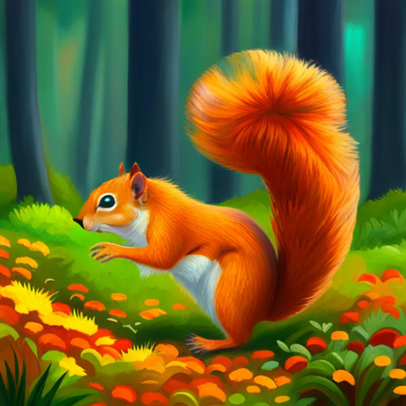 Fluffy tail, quick and helpful squirrel friend helping Orange fur, green eyes, playful and friendly find his way back