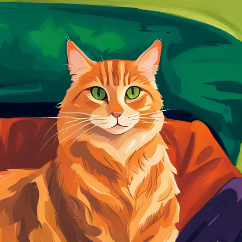 Orange fur, green eyes, playful and friendly happy and snuggled in cozy house