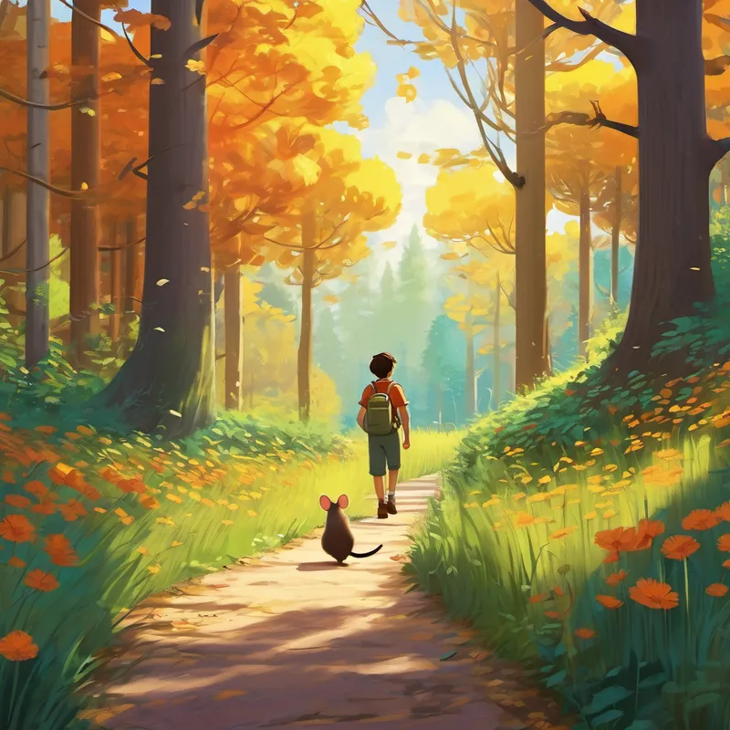 One sunny afternoon, Félix decided to venture further than he had ever gone before. He followed a beautiful path that led to a dense forest, where tall trees stood proudly, and colorful flowers bloomed in every corner. As he entered the forest, the air felt cooler and the sounds of nature surrounded him. As Félix trotted along the winding path, he spotted a little mouse named Maurice, who was collecting acorns for his family. Intrigued, Félix approached Maurice and introduced himself. The mouse, surprised by Félix's friendly demeanor, cautiously accepted his new friendship.