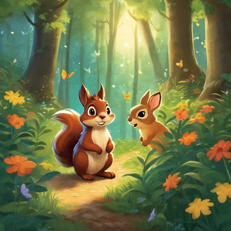 Maurice showed Félix the secret hiding places in the forest and introduced him to other animal friends like Sophie the squirrel, Freddy the rabbit, and Leo the wise owl. Félix was overjoyed to finally have a group of friends to spend time with, and they all loved his playful spirit. One day, when Félix and his new friends were playing a game of tag, they stumbled upon a magical clearing deep within the forest. This clearing was enchanted, filled with glowing fireflies and surrounded by vibrant flowers that seemed to sing. It was magical indeed!