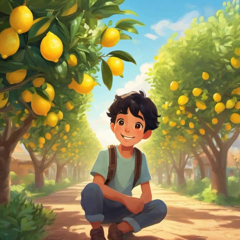 Introduction to Cheerful boy, black hair, brown eyes, loves fun activities and his hometown, outdoors with lemon trees.