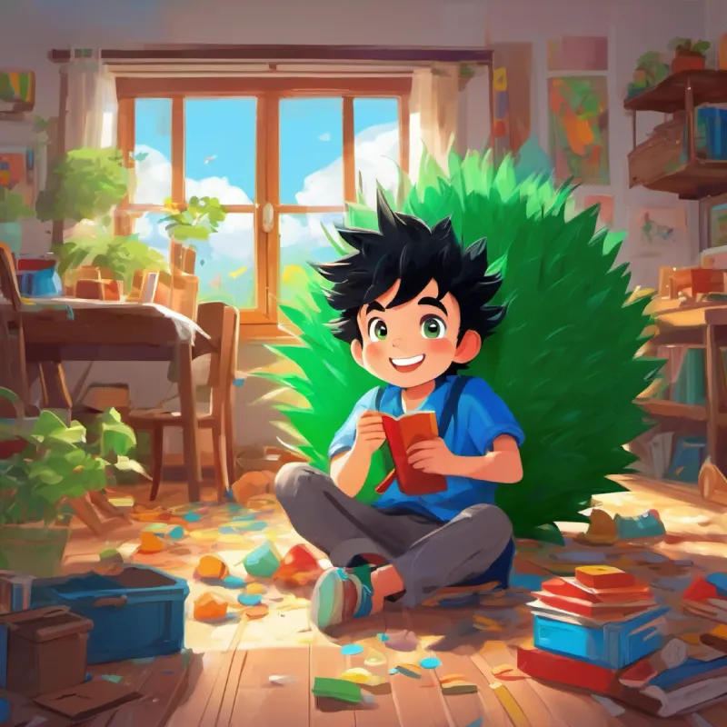 Cheerful boy, black hair, brown eyes, loves fun activities's room is messy, Blue hedgehog, green eyes, loves speed and tidiness appears.