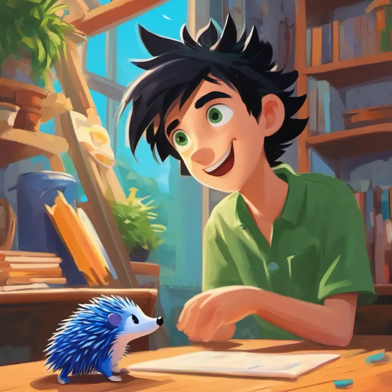 Blue hedgehog, green eyes, loves speed and tidiness talks to Cheerful boy, black hair, brown eyes, loves fun activities about being tidy.