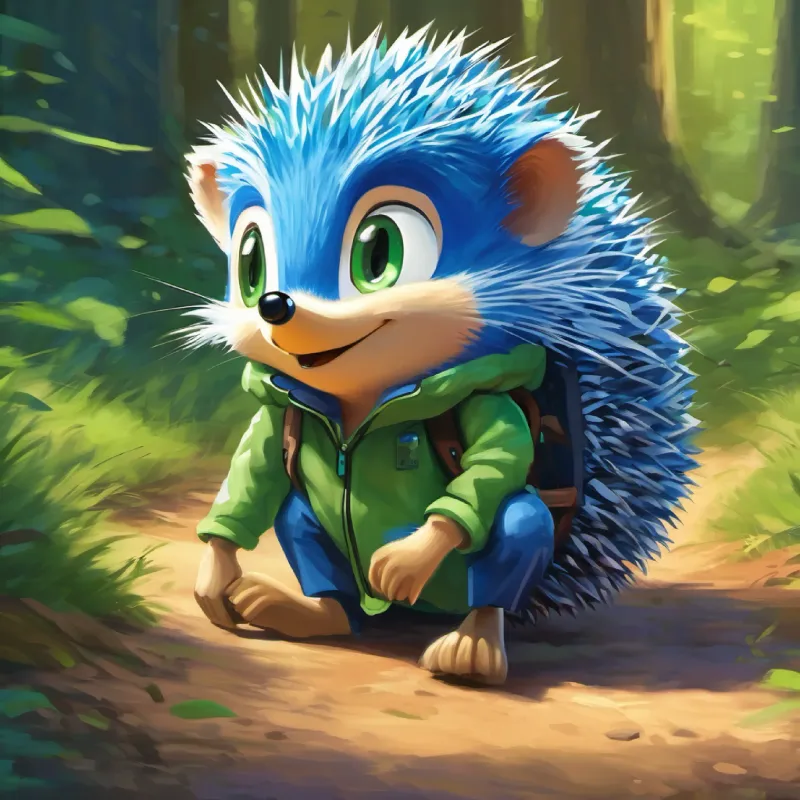 Sorting drawings, Blue hedgehog, green eyes, loves speed and tidiness helps with speed.