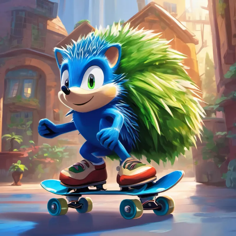 Organizing skates, Blue hedgehog, green eyes, loves speed and tidiness teaches tidiness.