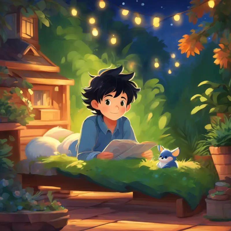 Nighttime, Cheerful boy, black hair, brown eyes, loves fun activities thanks Blue hedgehog, green eyes, loves speed and tidiness, falls asleep happy.