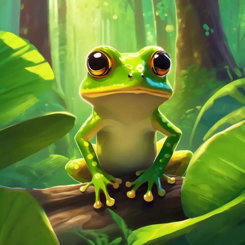 Introduction to the story's setting and main character. Lush, green forest in Puerto Rico, and a small, cheerful coqui frog named Small and cheerful coqui frog, bright green with big, sparkling eyes.