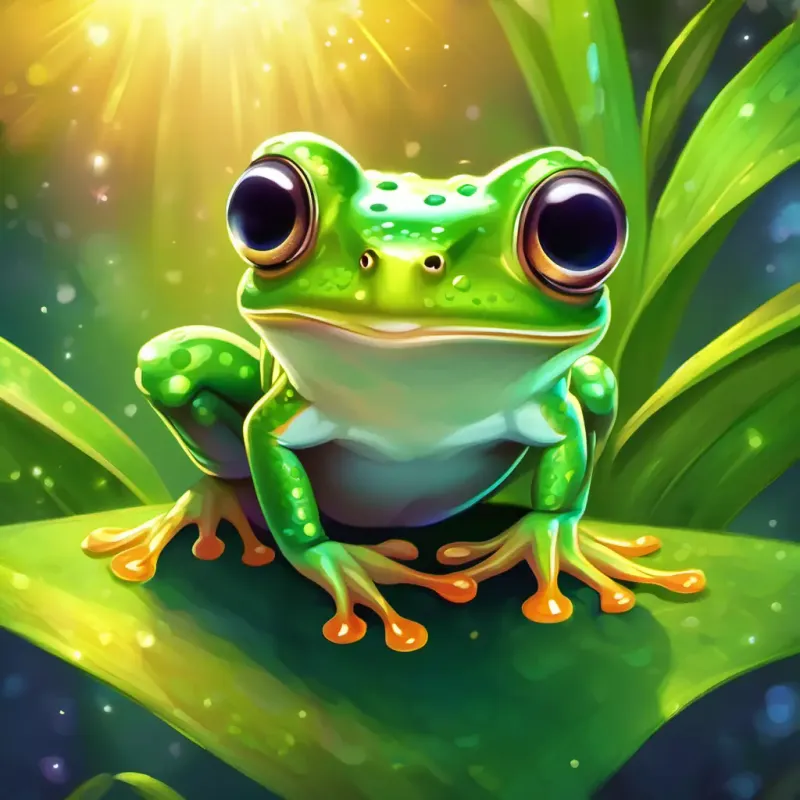 Highlighting Small and cheerful coqui frog, bright green with big, sparkling eyes's special talent for singing and his nightly routine.