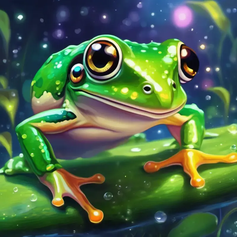 Revealing Small and cheerful coqui frog, bright green with big, sparkling eyes's special magical ability and the positive impact of his songs.