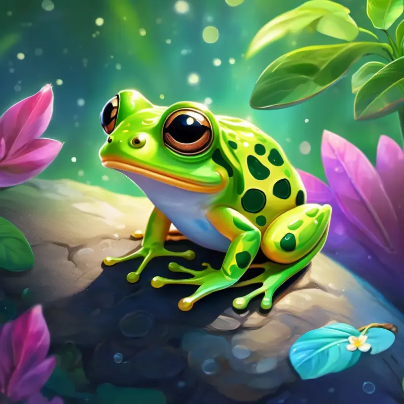 Small and cheerful coqui frog, bright green with big, sparkling eyes's decision to go on an adventure to spread joy with his magical songs.