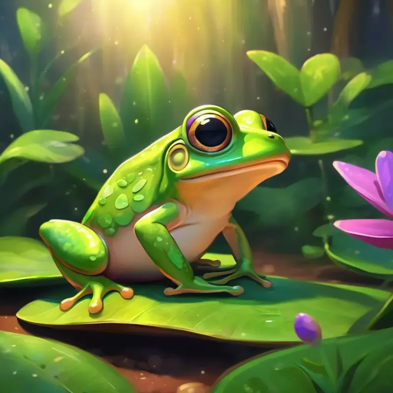 Small and cheerful coqui frog, bright green with big, sparkling eyes's adventurous journey, making new friends, and realizing the true power of his songs.