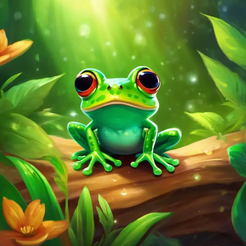 Conclusion of the story, highlighting Small and cheerful coqui frog, bright green with big, sparkling eyes's ongoing mission to spread happiness and peace with his songs.