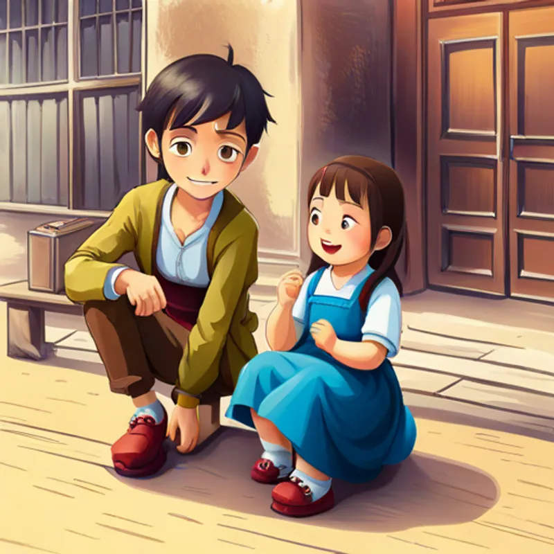 Bruno meeting Anna, a girl wearing clogs with a kind smile