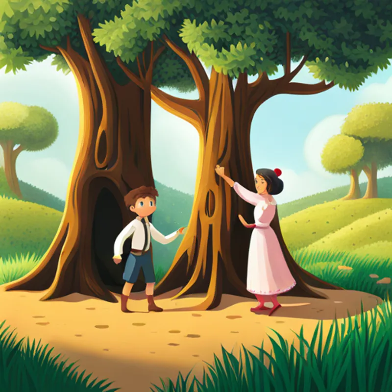 Bruno and Anna finding the magical tree in the forest