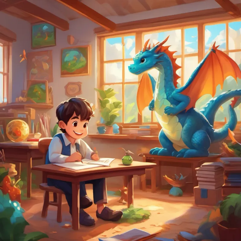 Introducing Happy boy with twinkling eyes and loves dragons, who loves dragons, in his classroom.