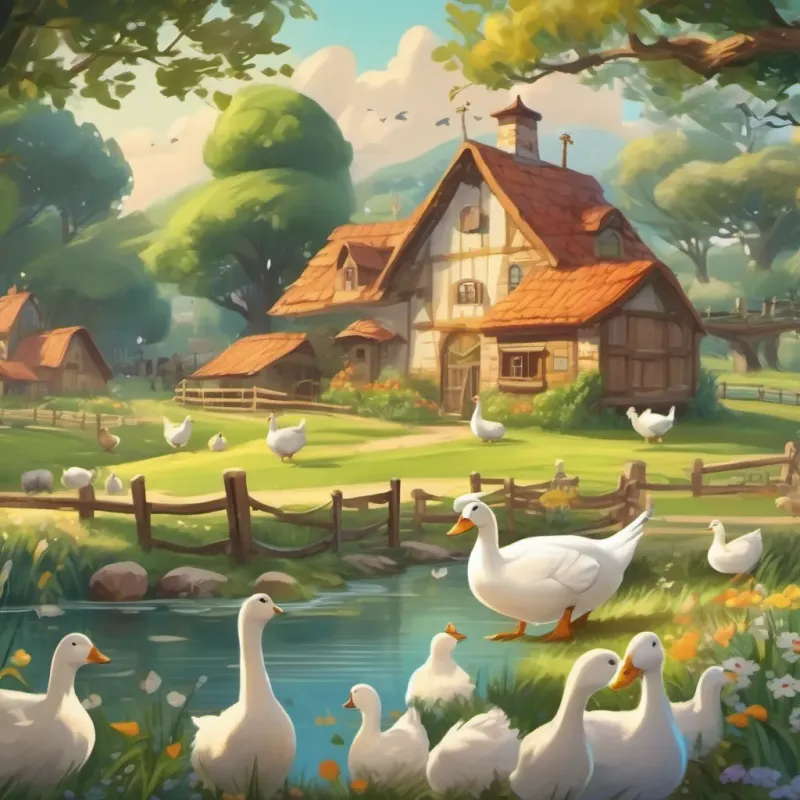 A cheerful farm setting with a whimsical goose named A whimsical, clever goose with shining feathers and a friendly smile surrounded by ducks and cows.