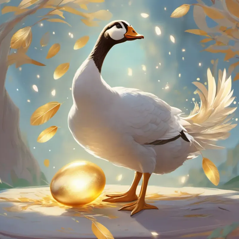 A whimsical, clever goose with shining feathers and a friendly smile the goose, sparkling in morning light, laying a golden egg with feathers fluttering.