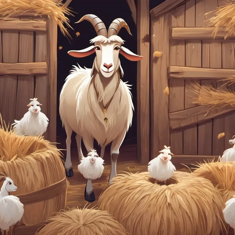 A grumpy goat with mischievous eyes and a devious grin the goat causing a ruckus in the barn with hay flying and A whimsical, clever goose with shining feathers and a friendly smile honking angrily.