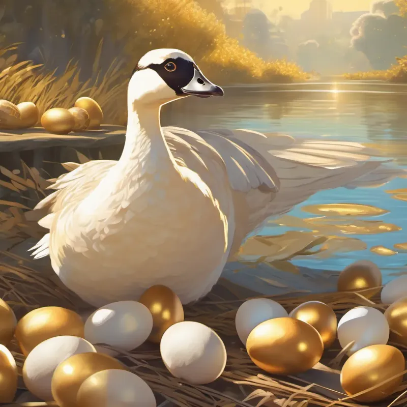 A whimsical, clever goose with shining feathers and a friendly smile, the goose, surrounded by golden eggs shimmering under the bright sun.