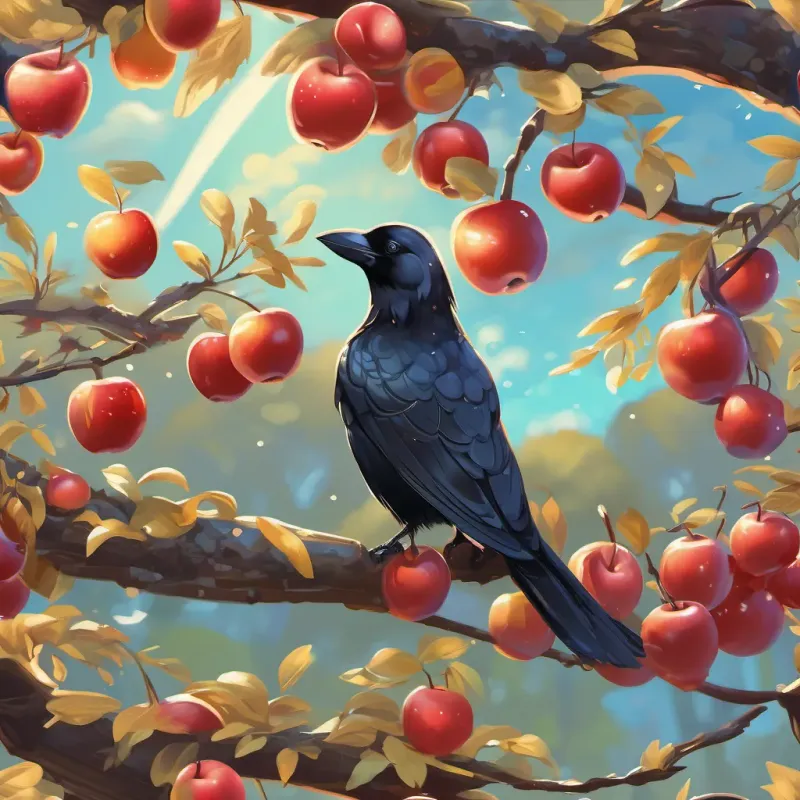 A cheerful orchard with bright blue sky, filled with apple and cherry trees. A small, curious A small, curious crow with shiny black feathers, inquisitive eyes, and an intelligent demeanor with shiny black feathers.