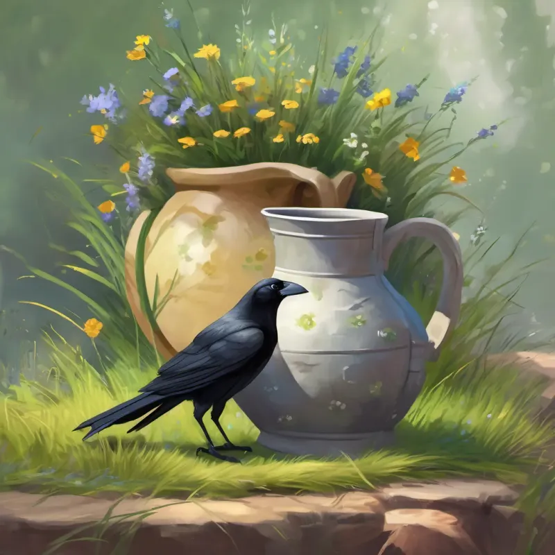 A dusty, old jug lying amongst green grass and wildflowers, with a curious A small, curious crow with shiny black feathers, inquisitive eyes, and an intelligent demeanor examining it.