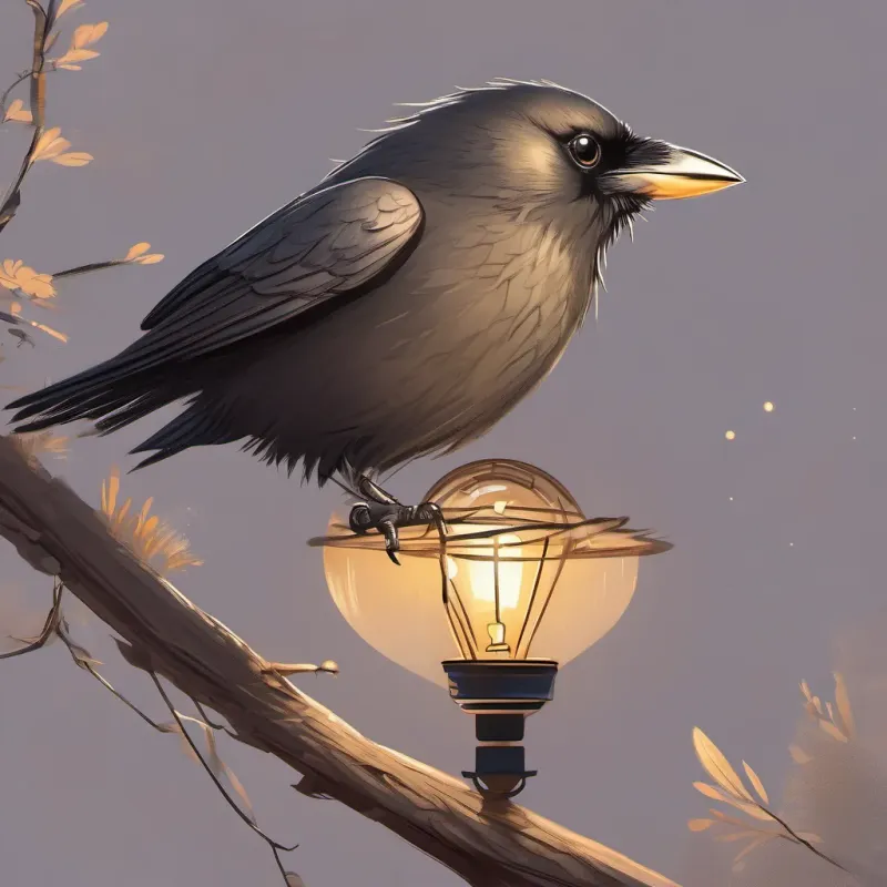 Illustration showing the A small, curious crow with shiny black feathers, inquisitive eyes, and an intelligent demeanor with a light bulb over its head, symbolizing a smart solution to problems.