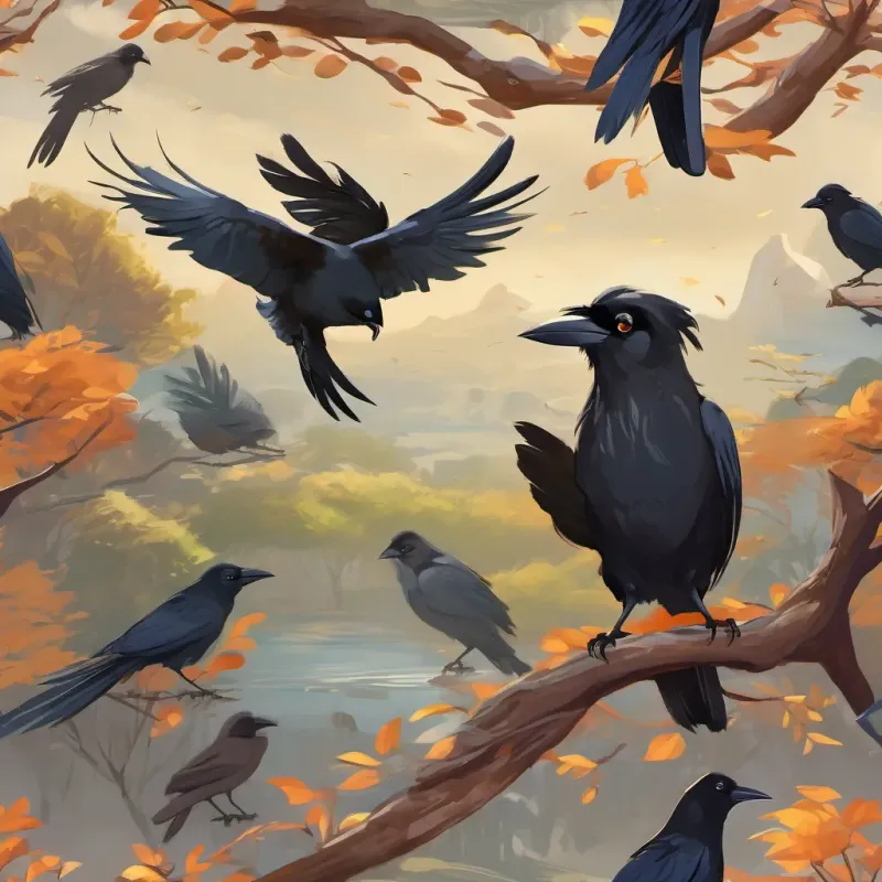 Final happy scene with the A small, curious crow with shiny black feathers, inquisitive eyes, and an intelligent demeanor flying off, carrying forward the message of wisdom and cleverness.