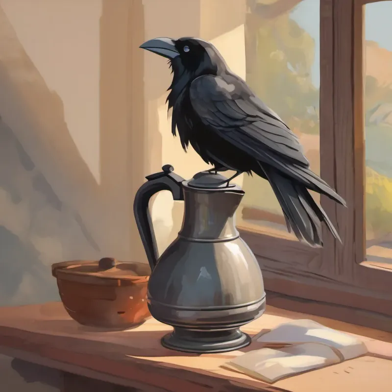 Close-up of the jug, emphasizing its size and emptiness. The A small, curious crow with shiny black feathers, inquisitive eyes, and an intelligent demeanor stands beside it, looking pensive.