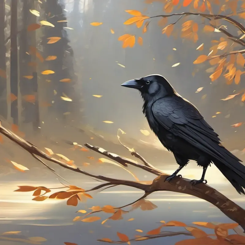 The A small, curious crow with shiny black feathers, inquisitive eyes, and an intelligent demeanor’s eyes light up with an idea. The scene shows determination and excitement.