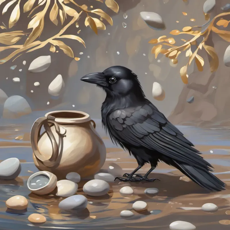 The A small, curious crow with shiny black feathers, inquisitive eyes, and an intelligent demeanor picking up small pebbles and dropping them into the jug, creating ripples inside.