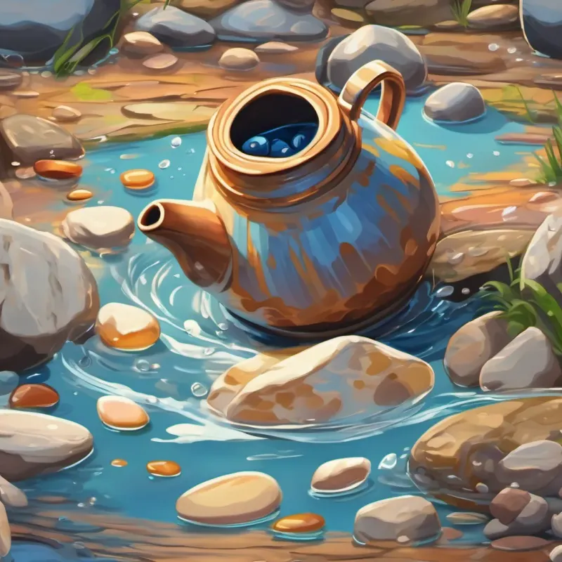 Inside the jug, showing pebbles dropping with splashes (plip, plop, plink). Water level rising gradually.