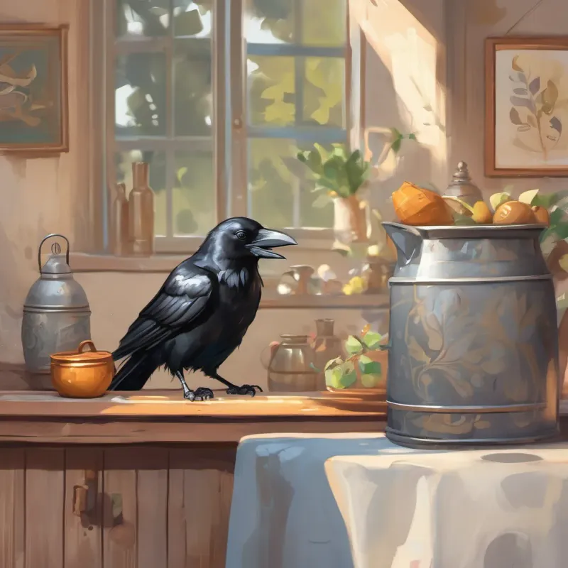 The A small, curious crow with shiny black feathers, inquisitive eyes, and an intelligent demeanor happily drinking water from the now-filled jug, looks pleased and satisfied.