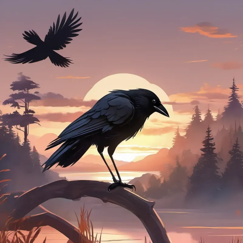 The A small, curious crow with shiny black feathers, inquisitive eyes, and an intelligent demeanor silhouetted against the sunset, appearing thoughtful and wise, ready to share his knowledge.