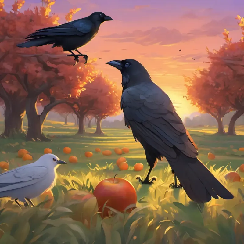 Back in the orchard, under a sunset sky, the A small, curious crow with shiny black feathers, inquisitive eyes, and an intelligent demeanor helps other animals, spreading the wisdom.
