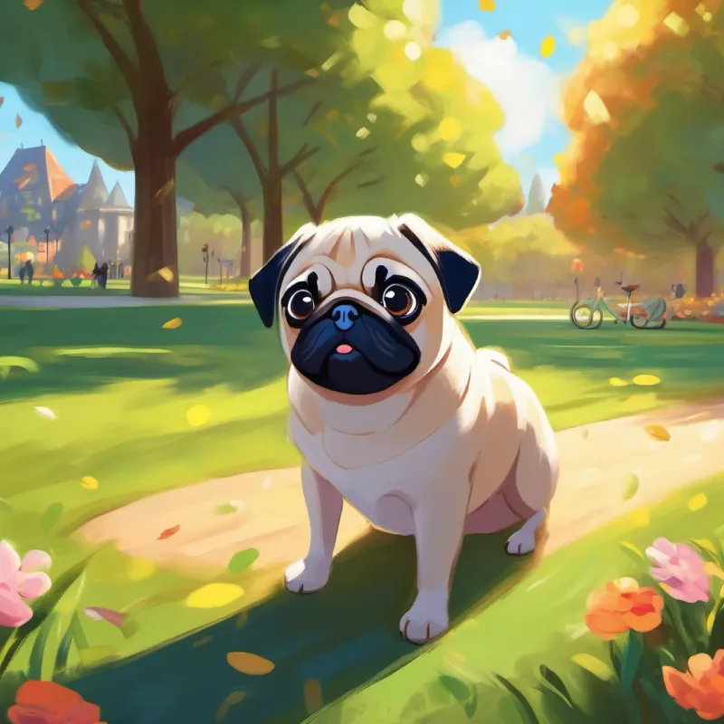 Introduction to Pug playing alone in a sunny park.