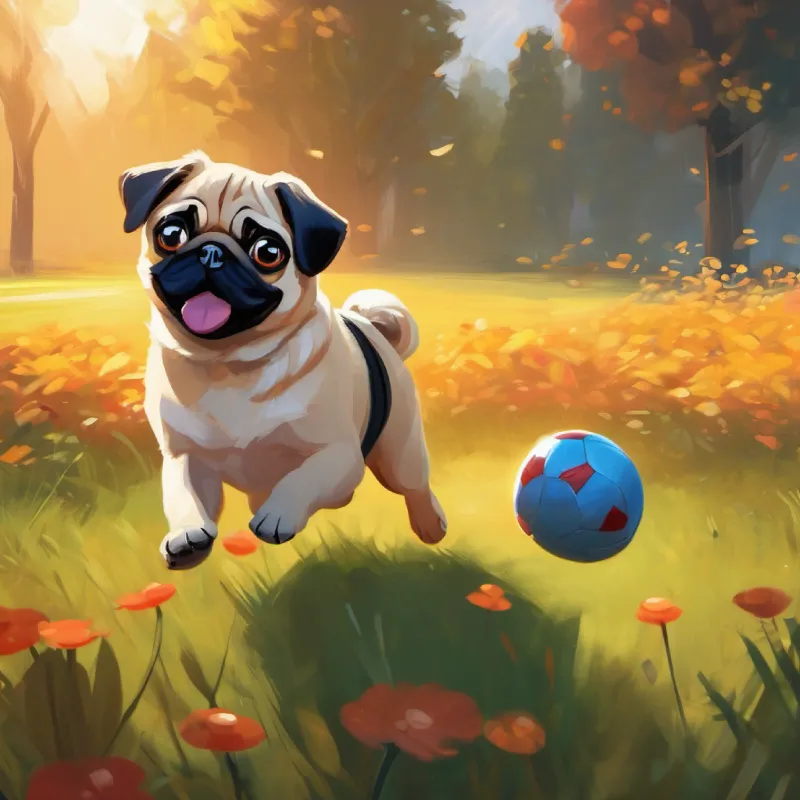 Pug joins the game and enjoys playing catch.