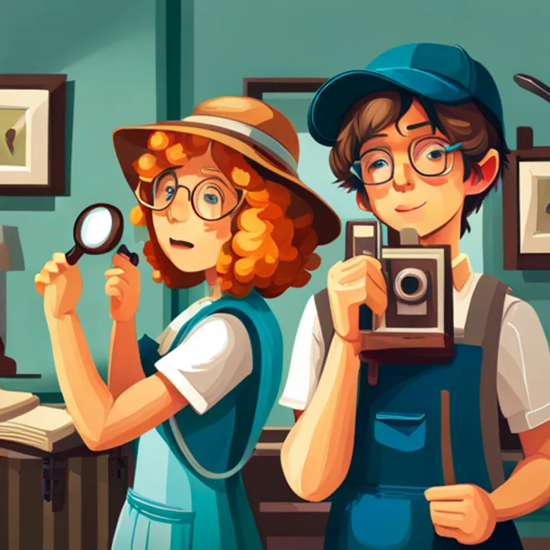 Boy with brown hair, glasses, and a backpack, Girl with blonde hair, a hat, and a magnifying glass, and Boy with curly red hair and a camera find an old book
