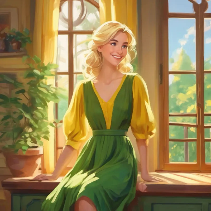 Blonde hair, green eyes, yellow dress at home, morning, smiling