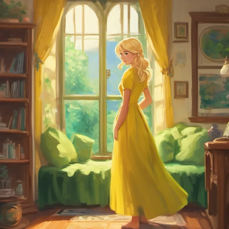 Blonde hair, green eyes, yellow dress in her room, dressing up, eager