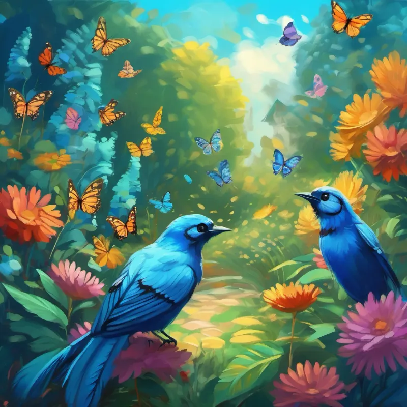 Garden, meeting Blue feathers, small and butterflies, colorful