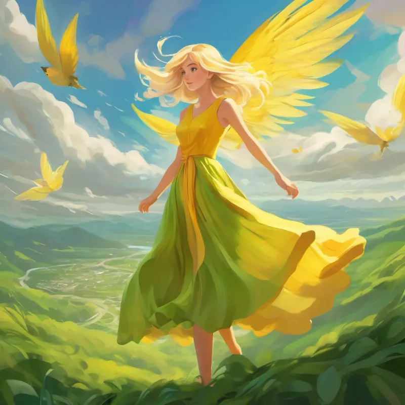 Blonde hair, green eyes, yellow dress, Colorful wings, small, speaking gently