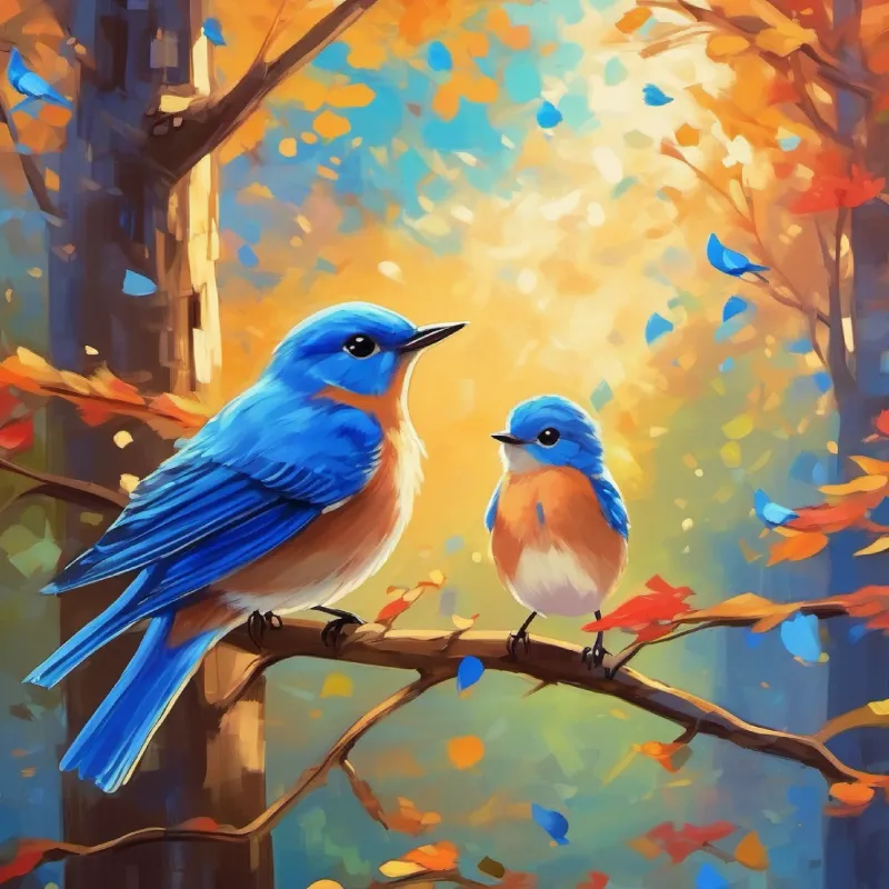 Bluebirds singing, Colorful wings, small following, joyful