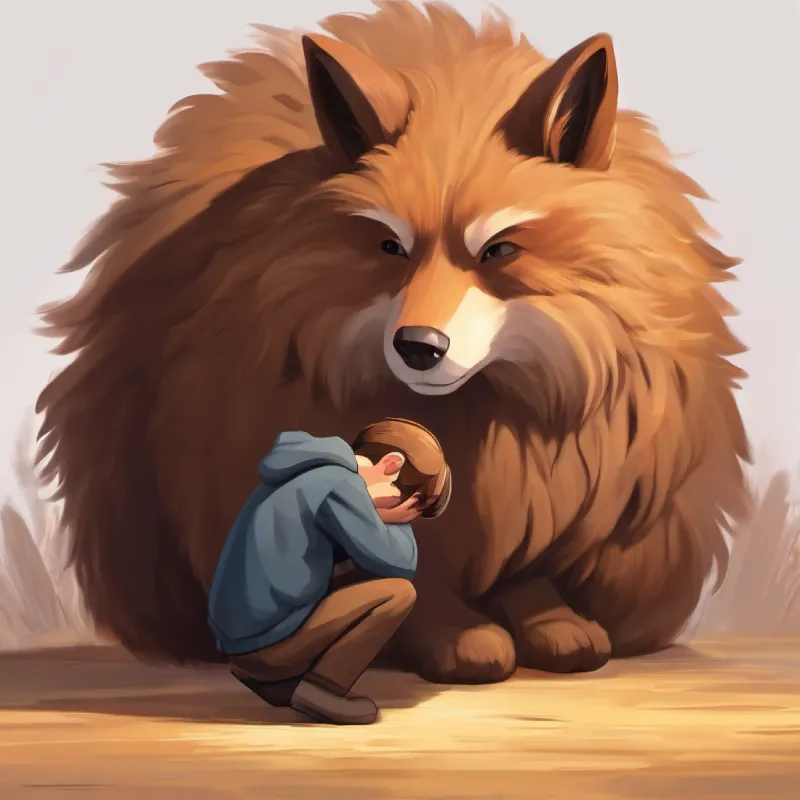 Kneeling, Brown fur, small, crying, asking kindly