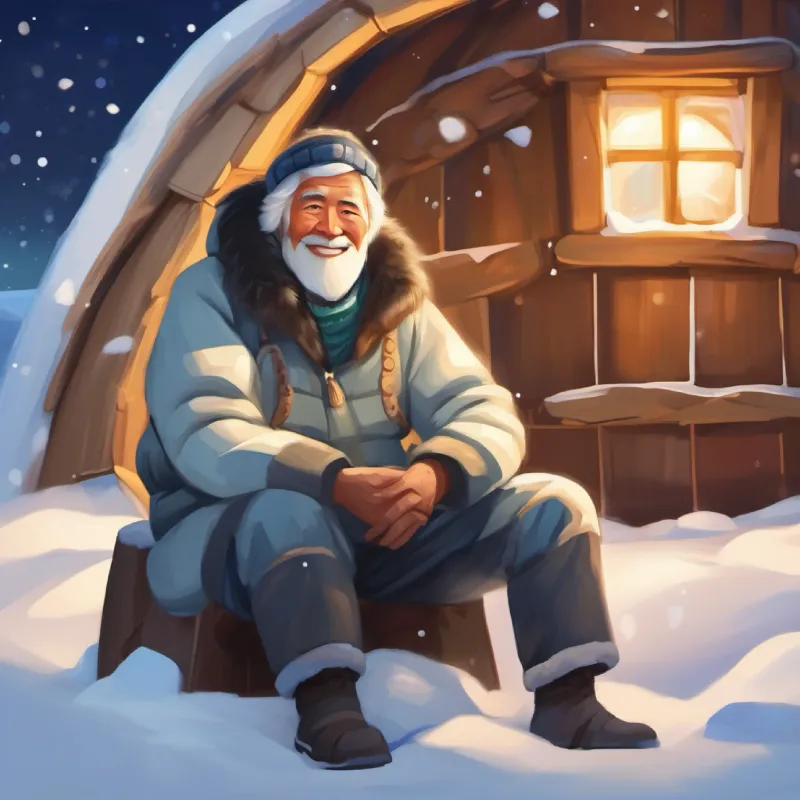 Arctic, Inuit girl with dark hair, bright eyes, and a warm smile, Elderly Inuit man with a kind face and twinkle in his eye, igloo building, snow