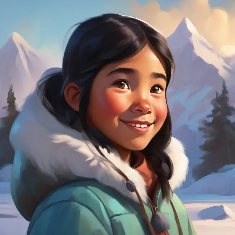 Inuit girl with dark hair, bright eyes, and a warm smile, ice blocks, learning, patience, precision