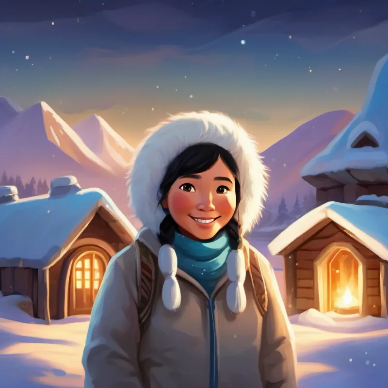 Inuit girl with dark hair, bright eyes, and a warm smile, Elderly Inuit man with a kind face and twinkle in his eye, wisdom, laughter, igloo building